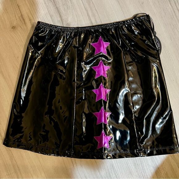 Horoscopez x Dolls Kill black patent miniskirt pink/purple metallic stars szM - Picture 11 of 16